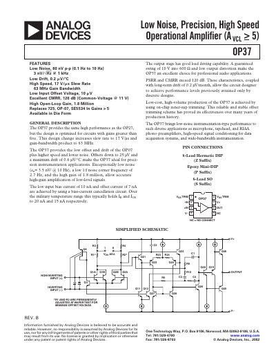 Analog Devices OP37 Operational Amplifier Datasheet - cover page