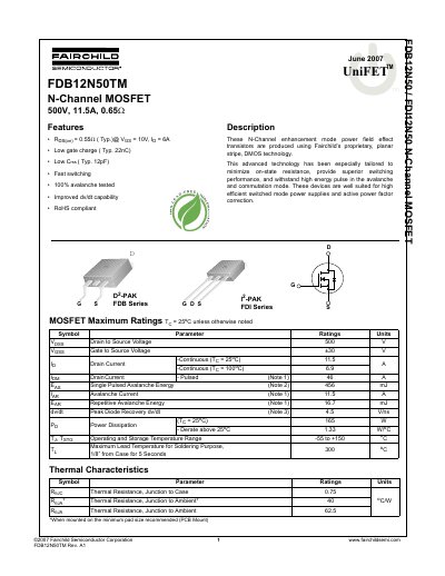 Fairchild Semiconductor FDB12N50TM N-Channel MOSFET Datasheet - cover page