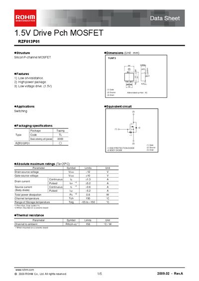 ROHM RZF013P01 MOSFET Datasheet - cover page