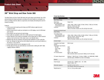 3M 888 Wrist Strap and Shoe Tester Product Data Sheet