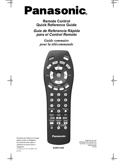 Panasonic EUR511500 Remote Control Quick Reference Guide - cover page