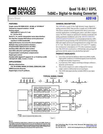 Analog Devices AD9148 Quad 16‑Bit 1 GSPS TxDAC+ Data Sheet - cover page