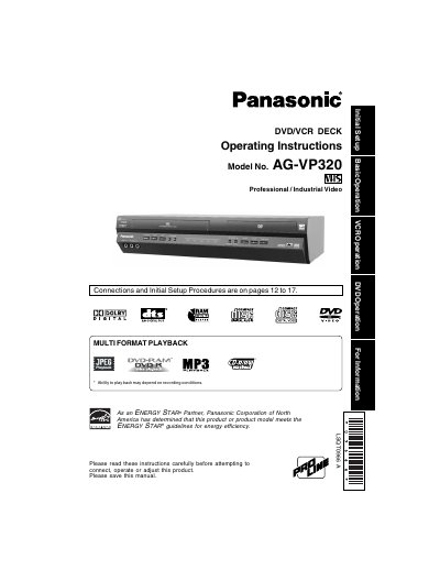 Panasonic AG-VP320 DVD/VCR Deck Operating Instructions - cover page