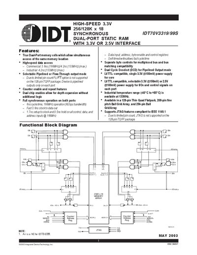 IDT 70V3319/99S High-Speed 3.3V 256/128K x 18 Dual-Port Synchronous Static RAM Datasheet - cover page