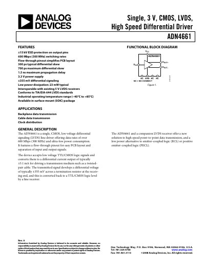 Analog Devices ADN4661 LVDS Driver Datasheet Rev 0 - cover page