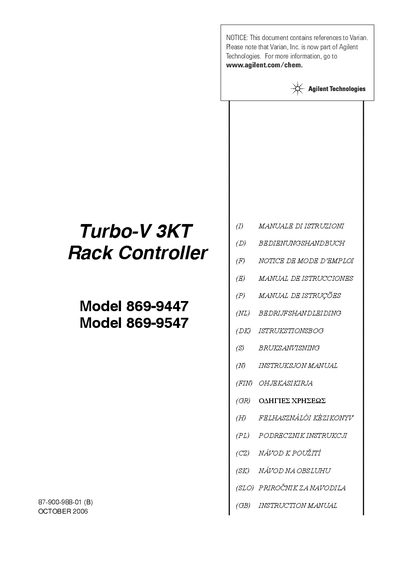 Agilent Turbo-V 3KT Rack Controller Instruction Manual - cover page