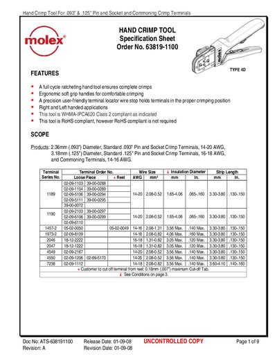 MOLEX HAND CRIMP TOOL Specification Sheet Order No. 63819-1100 - cover page