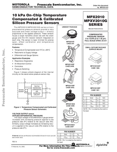 Freescale MPX2010/MPXV2010G Pressure Sensor Datasheet - cover page