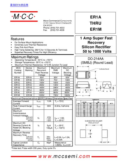 MCC ER1A-ER1M Silicon Rectifier Datasheet - cover page