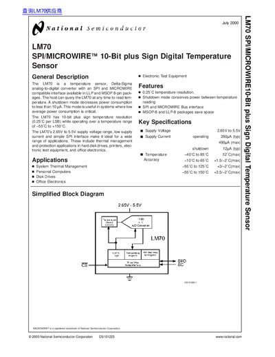 National semiconductor LM70 SPI/MICROWIRE 10-Bit plus Sign Digital Temperature Sensor handbook - cover page