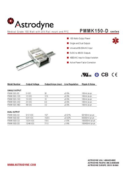 Astrodyne PMMK150-D Series Medical Grade Power Supply Datasheet - cover page