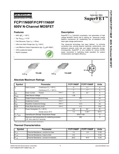 Fairchild Semiconductor FCP11N60F/FCPF11N60F 600V N-Channel MOSFET Datasheet - cover page