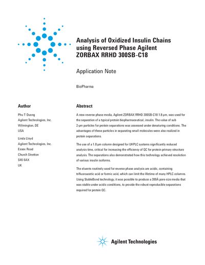 Agilent ZORBAX RRHD 300SB-C18 Application Note for Insulin Analysis - cover page