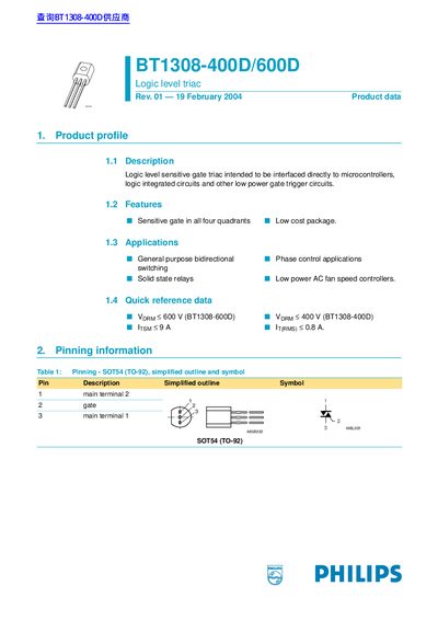 Philips BT1308-400D/600D Logic Level Triac Product Data Sheet - cover page