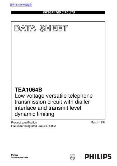 Philips TEA1064B Low Voltage Telephone Transmission Circuit Datasheet - cover page