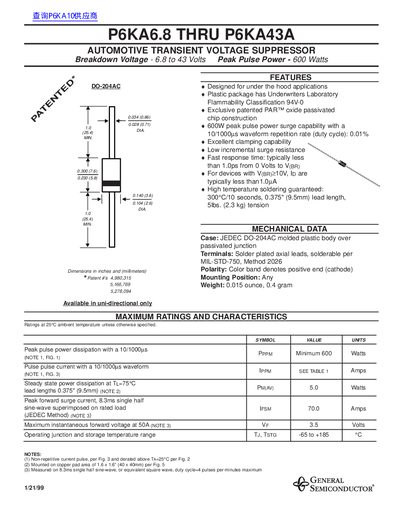 General Semiconductor P6KA6.8‑P6KA43A Automotive Transient Voltage Suppressor Datasheet - cover page