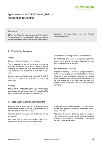 Sensirion SDP600 Series Differential Pressure Sensor Handling Instructions Application Note - cover page