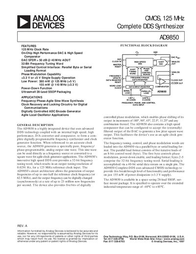 Analog Devices AD9850 Datasheet