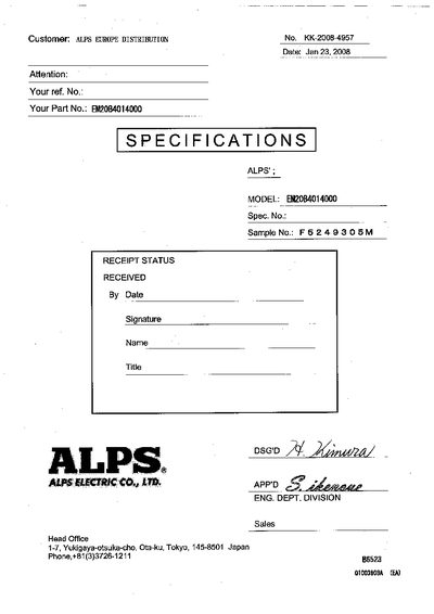Alps EM20B4014000 Rotary Encoder Specifications - cover page