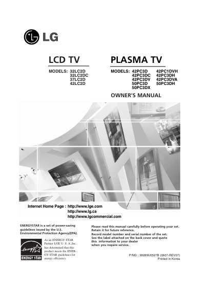 LG 42PC3D 42PC1DVH 42PC3DC 42PC3DH 42PC3DV 42PC3DVA 50PC3D 50PC3DH 50PC3DX user manual