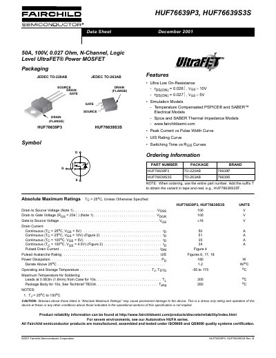 Fairchild HUF76639P3/HUF76639S3S 50A 100V MOSFET Datasheet - cover page