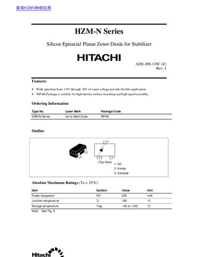 Hitachi HZM-N Series Zener Diode Datasheet - cover page
