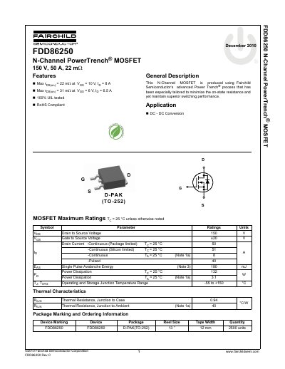 Fairchild Semiconductor FDD86250 N-Channel MOSFET Datasheet - cover page