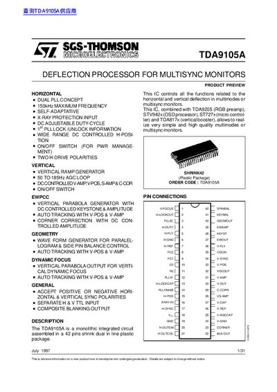 SGS-THOMSON TDA9105A Deflection Processor Datasheet - cover page