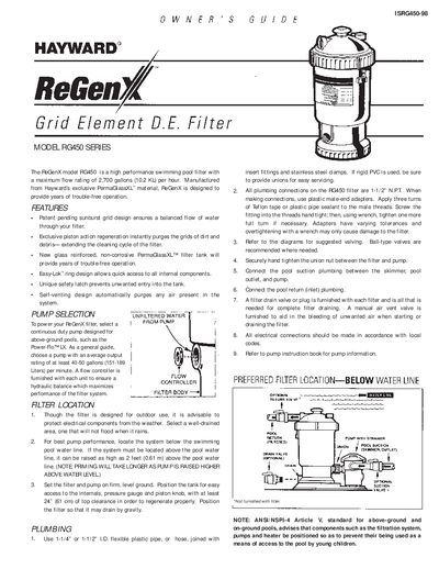 Hayward RG450 Series D.E. Filter Owner's Guide - cover page
