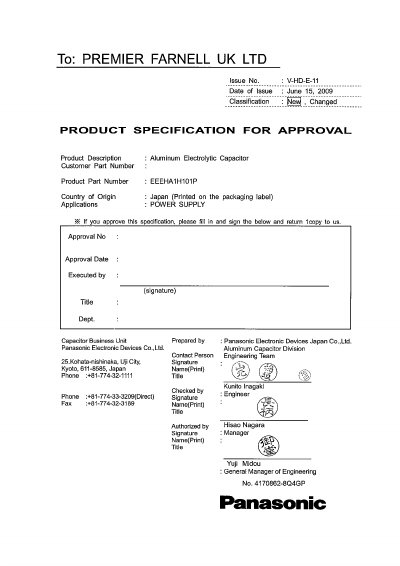 Panasonic EEEHA1H101P Aluminum Electrolytic Capacitor Product Specification - cover page