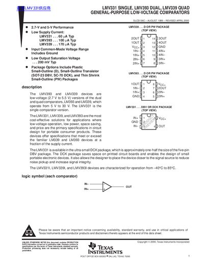 Texas Instruments LMV331/LMV393/LMV339 Low-Voltage Comparators Datasheet - cover page