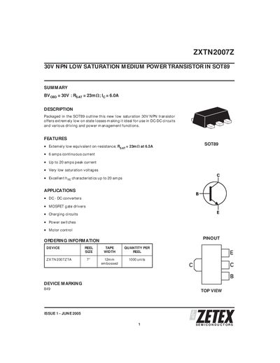 Zetex ZXTN2007Z Datasheet - cover page