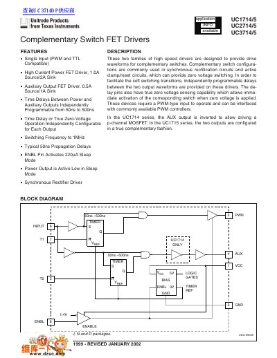 Unitrode UC1714/5 UC2714/5 UC3714/5 Complementary Switch FET Drivers Datasheet
