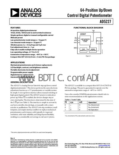 Analog Devices AD5227 Digital Potentiometer Datasheet - cover page