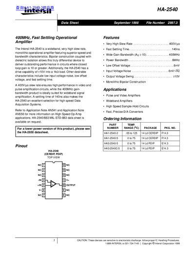 Intersil HA-2540 Operational Amplifier Datasheet - cover page