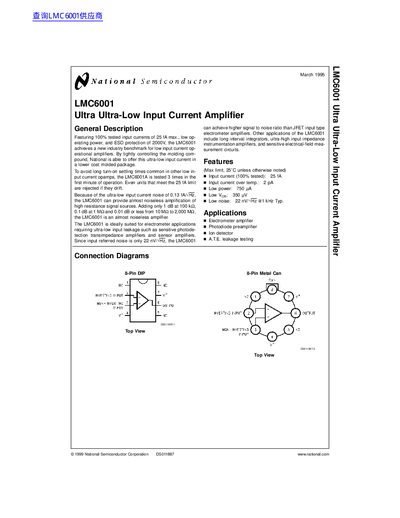 National Semiconductor LMC6001 Ultra-Low Input Current Amplifier Datasheet