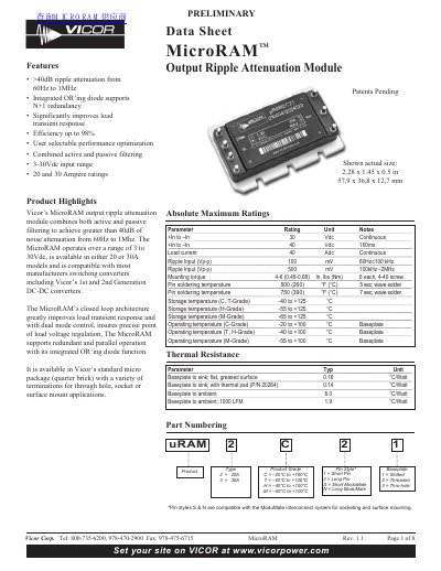 Vicor MicroRAM Output Ripple Attenuation Module Data Sheet - cover page