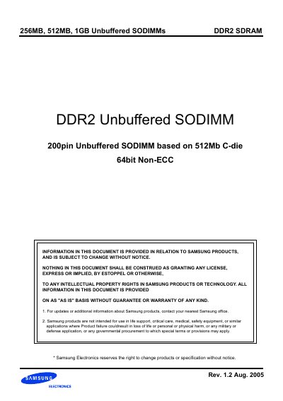 Samsung DDR2 SODIMM 256MB/512MB/1GB Technical Specification - cover page