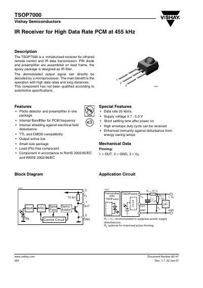 Vishay TSOP7000 IR Receiver Data Sheet - cover page