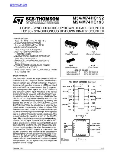 SGS-THOMSON M54/M74HC192/193 Datasheet