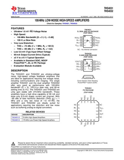 Texas Instruments THS4031/THS4032 Low‑Noise High‑Speed Amplifiers Datasheet - cover page