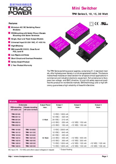 Traco Power TPM Series Mini Switcher Manual - cover page