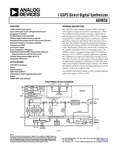 Analog Devices AD9858 GSPS Direct Digital Synthesizer Datasheet Rev C - cover page