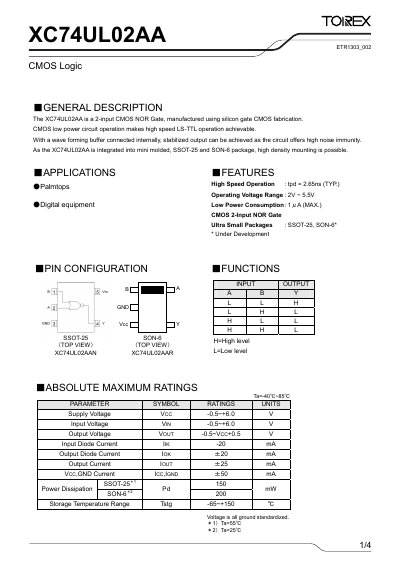 Torex XC74UL02AA CMOS Logic NOR Gate Datasheet - cover page