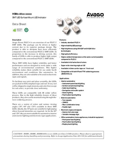 Avago HSMx-A4xx-xxxxx SMT LED Surface Mount Indicator Datasheet - cover page