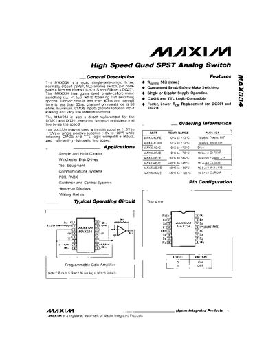 Maxim MAX334 High Speed Quad SPST Analog Switch Datasheet - cover page
