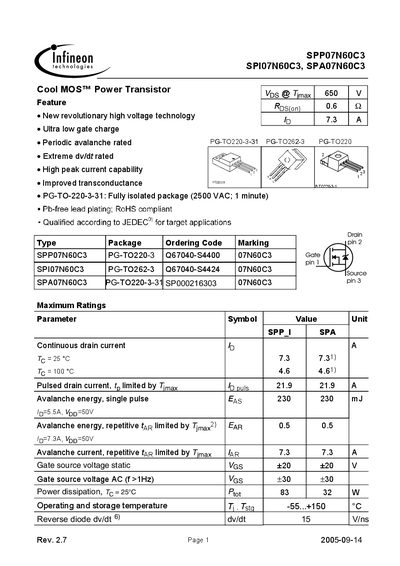 INFINEON SPP07N60C3 SPI07N60C3 SPA07N60C3 Manual
