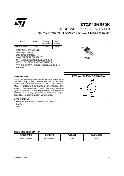 STMicroelectronics STGP12NB60K N-Channel IGBT Datasheet