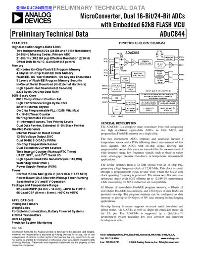 Analog Devices ADuC844 MicroConverter Preliminary Technical Data - cover page
