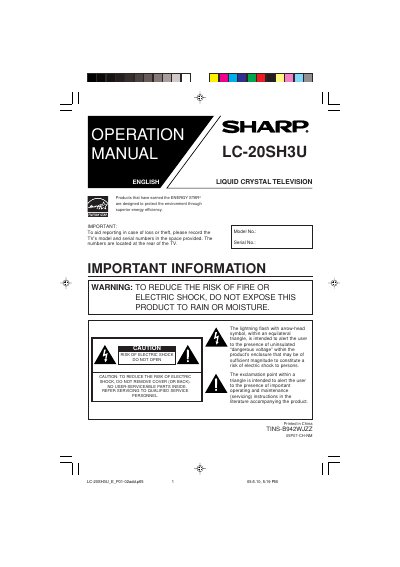Sharp LC-20SH3U LCD TV Operation Manual - cover page